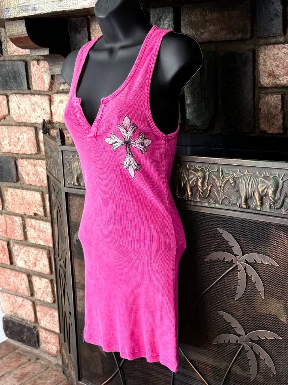 Vocal Apparel Y2K Pink Mineral Wash Rhinestone Cross Mini Tank Dress Tunic M